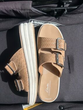 Clarks Tan Double-Buckle Slide Sandals